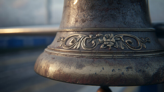 Ornate metal bell with floral engravings against a blurred background  