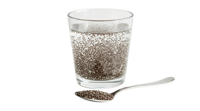 A glass of water with soaked chia seeds and a spoon filled with dry chia seeds isolated on transparent background