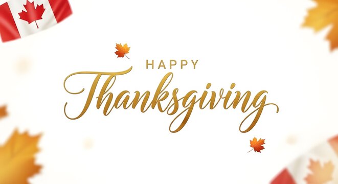 Elegant happy thanksgiving calligraphy with colorful autumn leaves on a white background