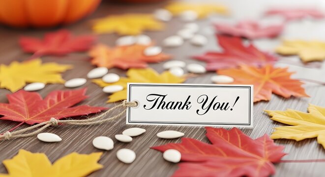 Autumn leaves and a thank you card create a cozy fall season greeting