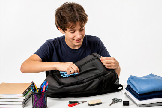 Teenager organizing backpack with school supplies on white desk. Education, student life, back to school, organization, learning.
