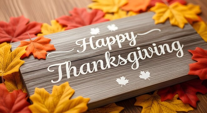 Festive happy thanksgiving wooden sign surrounded by colorful autumn leaves and fall foliage