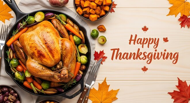 Roasted turkey with autumn vegetables and colorful fall leaves for thanksgiving dinner