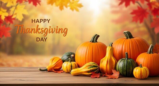 Festive thanksgiving still life with pumpkins gourds and autumn foliage background