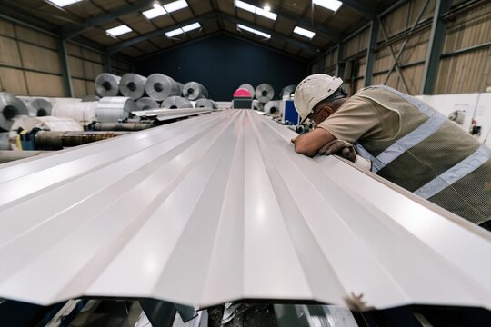 Corrugated metal sheet being inspected by a worker in a safety vest and hard hat, featuring a ribbed steel texture for industrial quality control