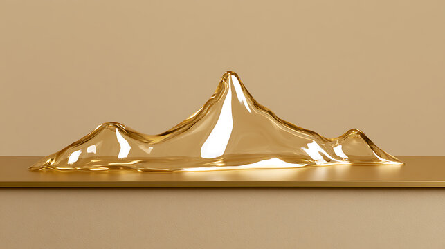 Minimalist golden mountain sculpture made of transparent glass on podium against beige background, elegant abstract artistic display design