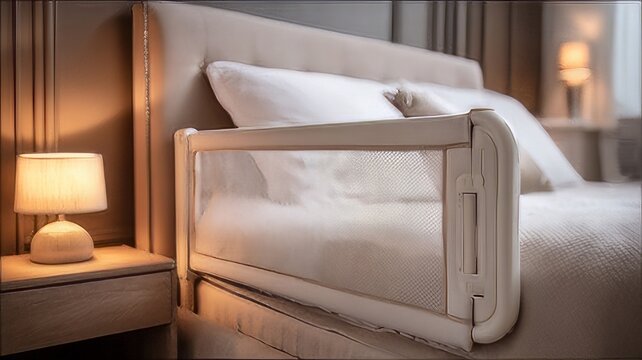 Adjustable white mesh toddler bed rail guard installed on a mattress to prevent falls during sleep