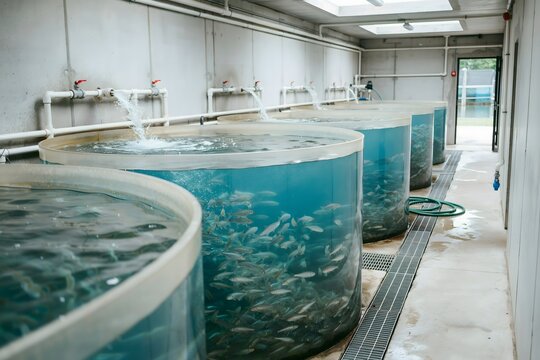 Large round water tanks in a commercial fish farm facility for aquaculture production
