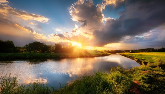 Sunlight Breaking Through Dramatic Clouds Over A Calm River A Peaceful Landscape With Beautiful Reflections And An Impressive Natural Atmosphere