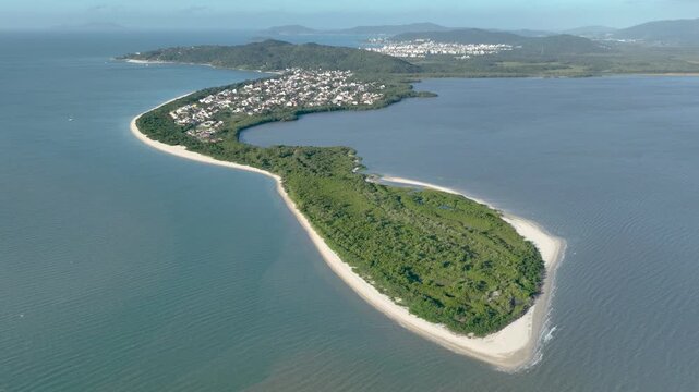 Florian&oacute;polis, Daniela Beach. Aerial View of Tropical Coastline. Establishing Shot. Santa Catarina, Brazil.