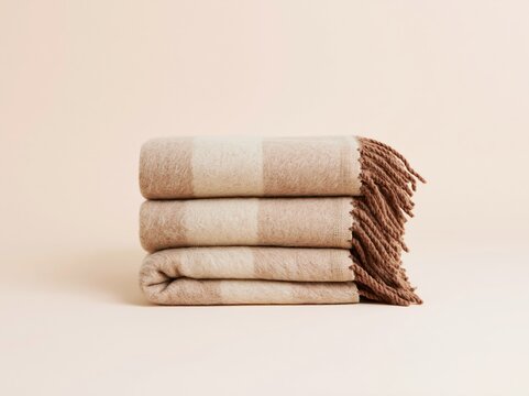 Stack of folded wool blankets with striped patterns and knotted fringe, featuring soft tactile textures for home textile and catalogue listings