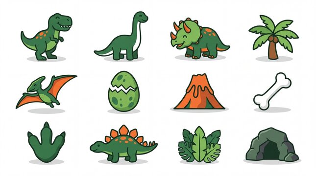 Cute Flat Vector Dino Park Dinosaur Icon Collection Asset Sheet Isolated on White Background