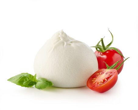 Fresh Burrata cheese with cherry tomatoes and basil leaves on white background