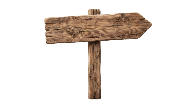 Rustic weathered wooden arrow sign pointing right isolated on transparent background