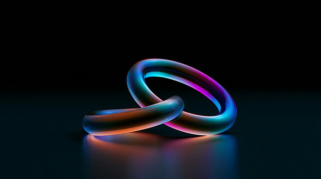 Abstract 3d render of two interlocking glowing neon rings on dark background, modern minimalist design for technology and future concept