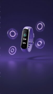 digital illustration smartwatch purple background watch has round face digital display time 124 minutes displayed screen also three circular buttons either side watch different color purple blue
