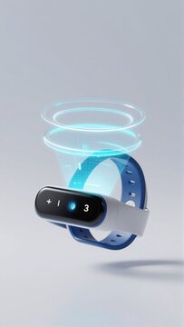 digital illustration smartwatch blue white color scheme watch has round circular design white strap black screen screen displays time date information above watch blue light appears floating air