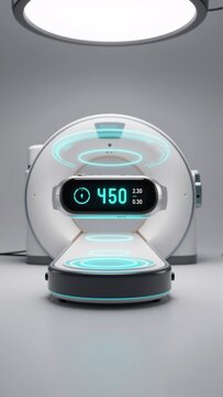 futuristic looking alarm clock digital display clock placed white surface circular base display time 4:50 date 2:30 alarm clock surrounded blue circular pattern giving futuristic futuristic look