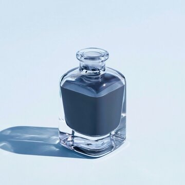 Glass ink bottle half full of dark black ink, featuring condensation and luminous reflections for stationery and journaling design assets