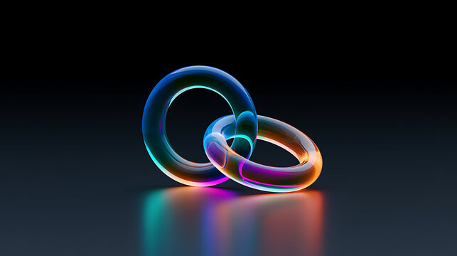 Abstract digital render of two interlocked glowing glass torus shapes with vibrant neon spectrum colors isolated on a dark studio background
