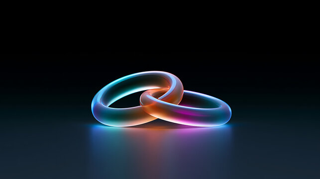 Abstract illustration of two glowing neon interconnected rings floating in dark space, symbolizing unity and connection in technology design