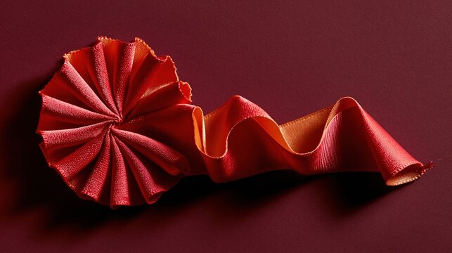 Crimson coral satin ribbon folded into a tight zigzag pleat on a deep wine surface, featuring a soft glowing sheen for festive packaging and copy space