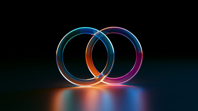 Abstract 3D render featuring two glowing interconnected glass rings with vibrant neon blue and orange light reflections on dark background setup