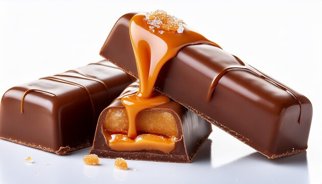 Isolated Three Rich Dark Chocolate Candy Bars With Sweet Flowing Caramel And Sugar Crystals