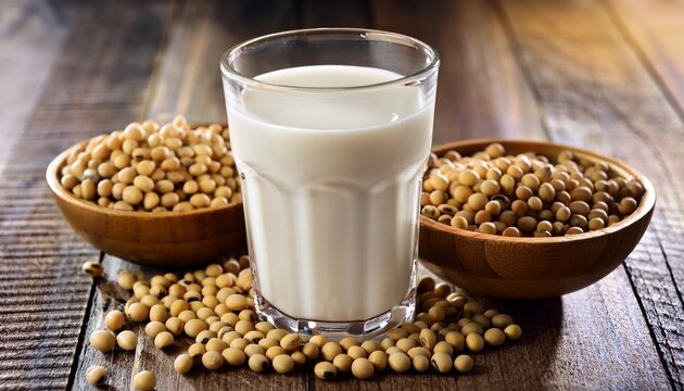 Fresh Glass Of Soy Milk With Soybeans