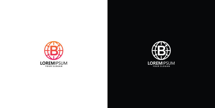 Dynamic B lettermark logo concept encapsulated within a spherical globe, showcasing vibrant gradient and clean monochrome variations for versatile branding and global communication