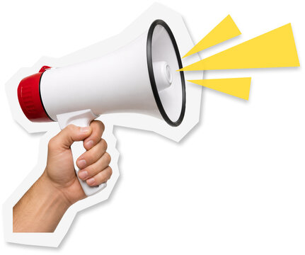 A hand holding a white megaphone with yellow graphic elements isolated on white background.