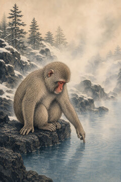 Japanese Macaque Touching a Steaming Hot Spring in a Snowy Mountain Landscape