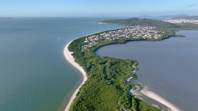Florian&oacute;polis, Daniela Beach. Aerial View of Tropical Coastline. Establishing Shot. Santa Catarina, Brazil.