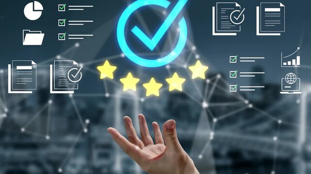 Hand Reaching for Stars with Check Marks and Documents Representing Quality Assurance and Evaluation in Digital Business Environment Gluon.