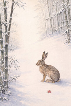 Hare Sitting Beside Footprints in a Snowy Japanese Bamboo Forest