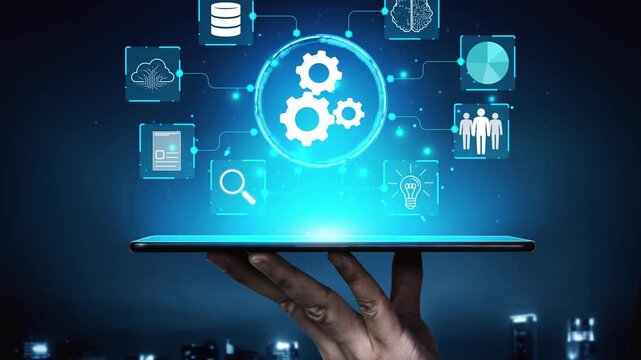 Futuristic Concept of Digital Innovation with Gears and Icons Representing Technology, Data, and Human Connection in a Modern Urban Environment. Entropy.