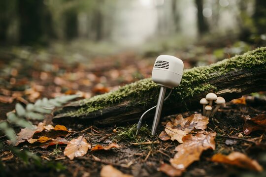 Small solar garden light stuck in mossy wood in an autumn forest with fallen leaves
