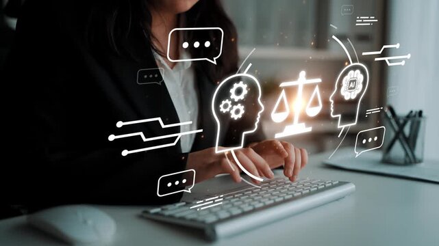 Business professional analyzing ethical implications of artificial intelligence while using keyboard with digital graphics representing balance and dialogue Gluon.