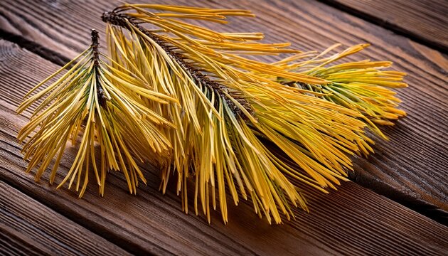 Yellow Pine Needles Lie On A Table Made Of Rustic Wooden Boards