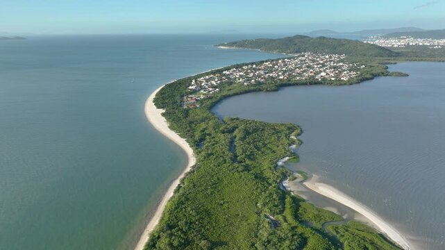 Florian&oacute;polis, Daniela Beach. Aerial View of Tropical Coastline. Establishing Shot. Santa Catarina, Brazil.