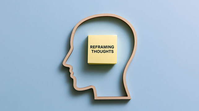 A wooden human head outline silhouette on a blue background containing a yellow sticky note with text about reframing thoughts and mental health