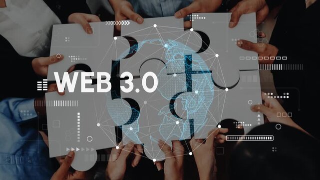 Hands of different people connecting puzzle pieces, symbolizing collaboration and innovation in digital technology for the future of Web 3.0 and its global impact. Entropy.