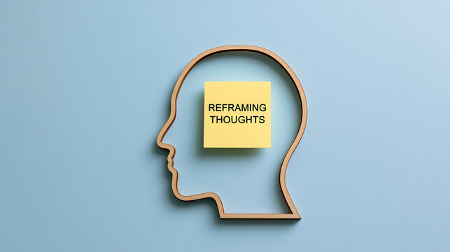 A conceptual wooden human head silhouette on a blue background featuring a sticky note with text about mindset change and cognitive shift