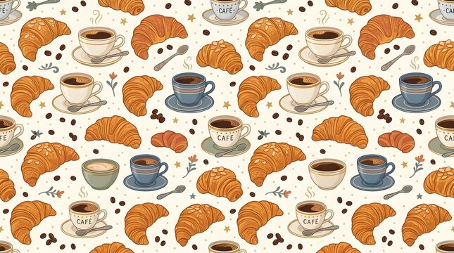Coffee and pastry seamless pattern with cups, croissants and baked treats on a cream background, creating a cozy cafe aesthetic for food branding and textiles