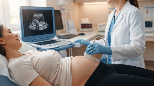 Pregnant woman undergoing ultrasound examination with female doctor scanning stomach in modern gynecology clinic hospital environment