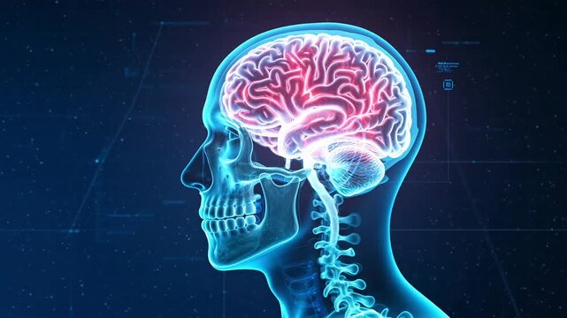 Glowing digital human brain model with glowing neural networks on dark blue background