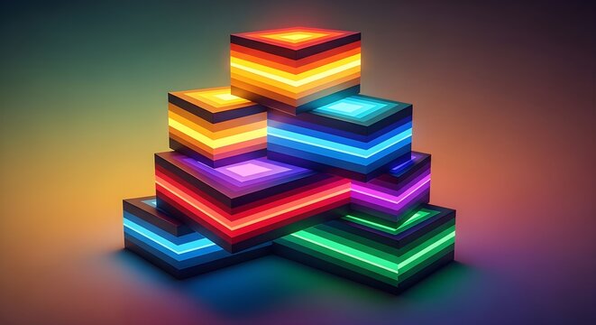 Stacked glowing multicolor geometric blocks on a dark background representing data growth, digital platforms, innovation, technology, and progress