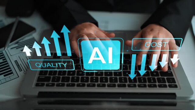 Hands on a laptop keyboard with digital arrows indicating quality, AI technology, and cost trends in a modern business environment. Gluon.