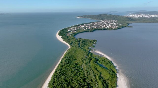 Florian&oacute;polis, Daniela Beach. Aerial View of Tropical Coastline. Establishing Shot. Santa Catarina, Brazil.