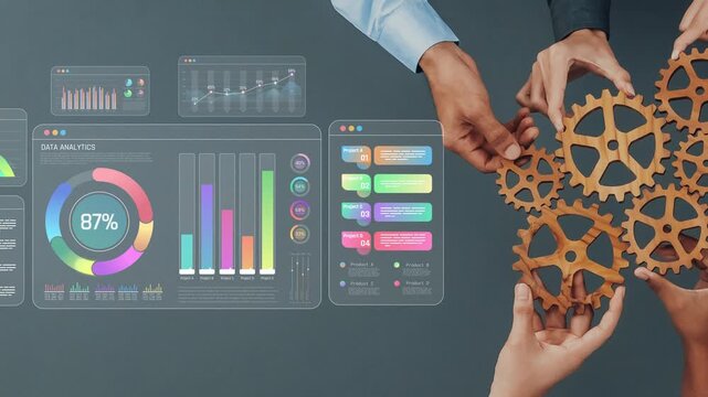 Hands Collaborating on Data Analytics Display with Colorful Charts and Graphs Representing Insights and Growth in a Modern Office Environment Sigmoid
